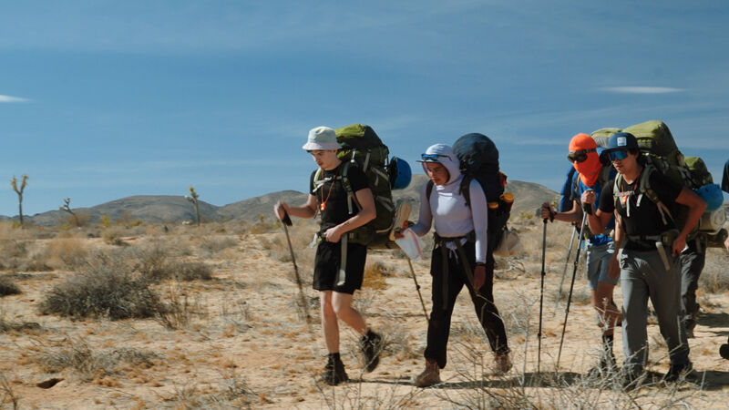 A group of four hikers are trekking through a desert landscape. They are equipped with large backpacks and hiking poles, suggesting a multi-day trip. The terrain is arid and sparsely vegetated, with distant hills under a clear blue sky. The hikers appear to be focused on their journey, moving steadily across the sandy ground.